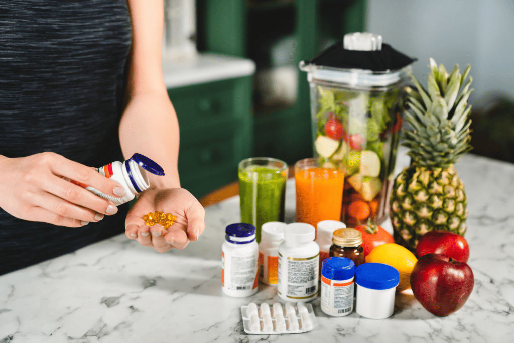 A person taking medication as well as eating heart healthy food